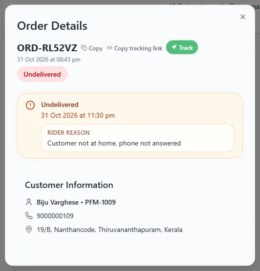 Order Details box for an undelivered order with the rider reason "Customer not at home, phone not answered"