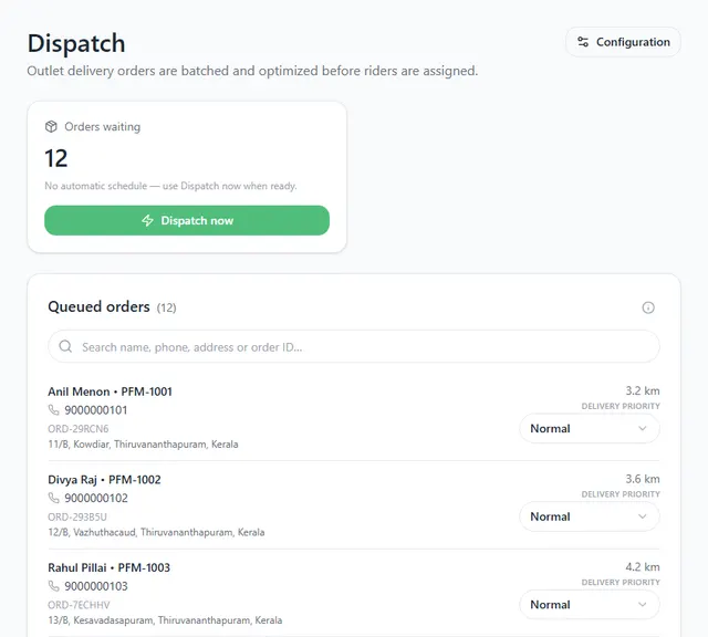 Dispatch page with the number of orders waiting, the Dispatch now button and the list of queued orders