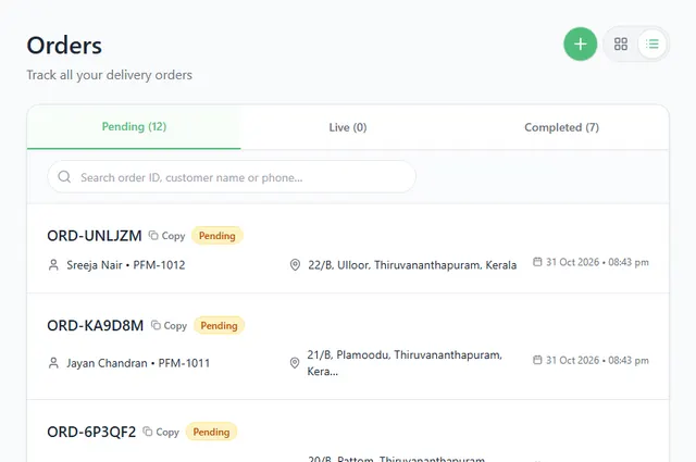 Orders page with Pending, Live and Completed tabs, a search box and a list of pending orders