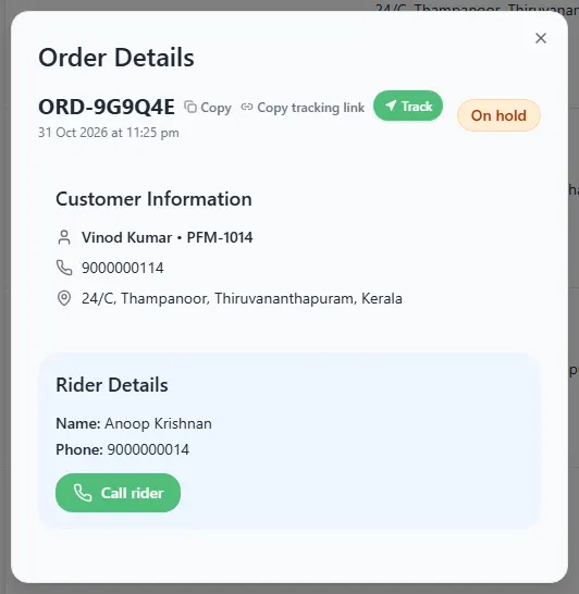 Order Details box for an on-hold order with customer information and a Rider Details box with a Call rider button