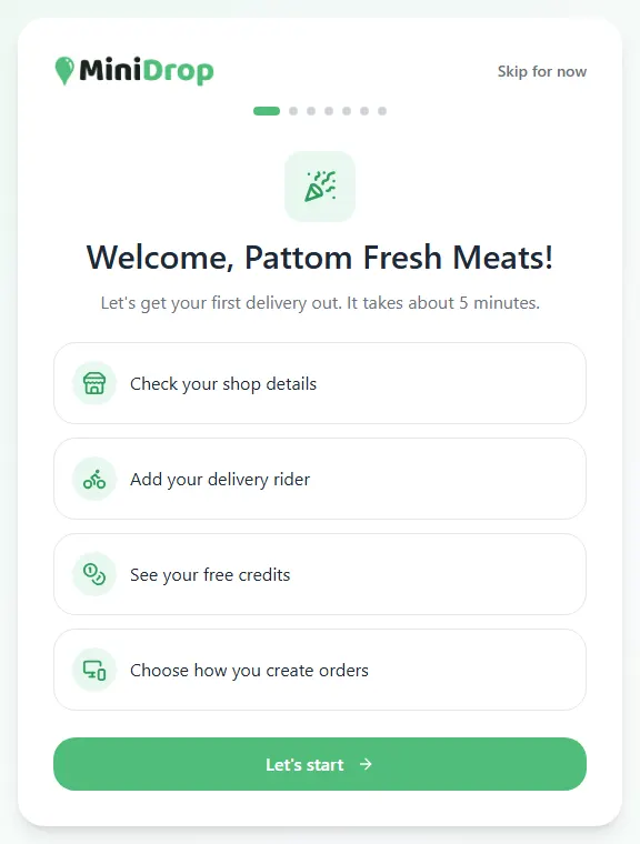 Welcome screen of the MiniDrop setup, listing the four things you will do