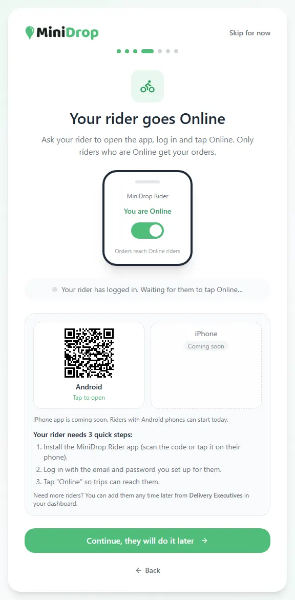 Your rider goes Online screen with a QR code to install the Android rider app and three short steps for the rider