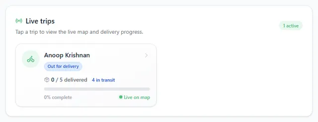 The Live trips card showing one rider out for delivery, with the number of orders delivered and a Live on map tag