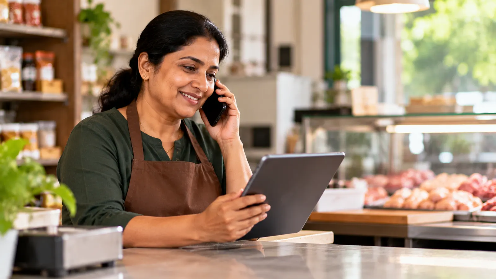 A shop owner calmly sorts out a customer's delivery question on the phone