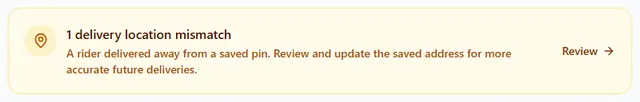 Yellow banner reading 1 delivery location mismatch, with a Review link