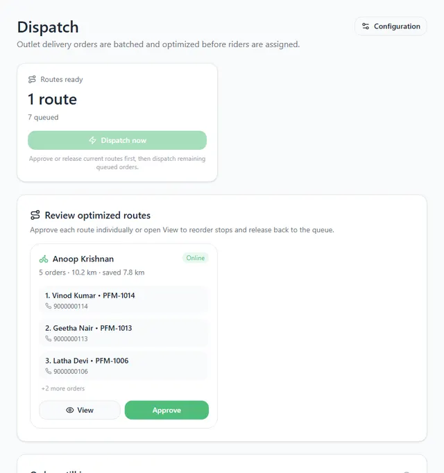 Dispatch page with Routes ready and one route card for a rider, listing the first stops with View and Approve buttons