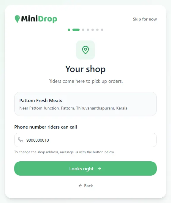 Your shop screen showing the shop name, address and the phone number riders can call