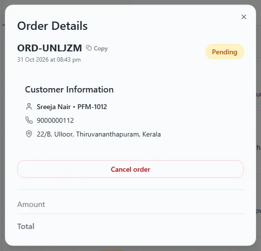 Order Details box for a pending order with customer information and a Cancel order button