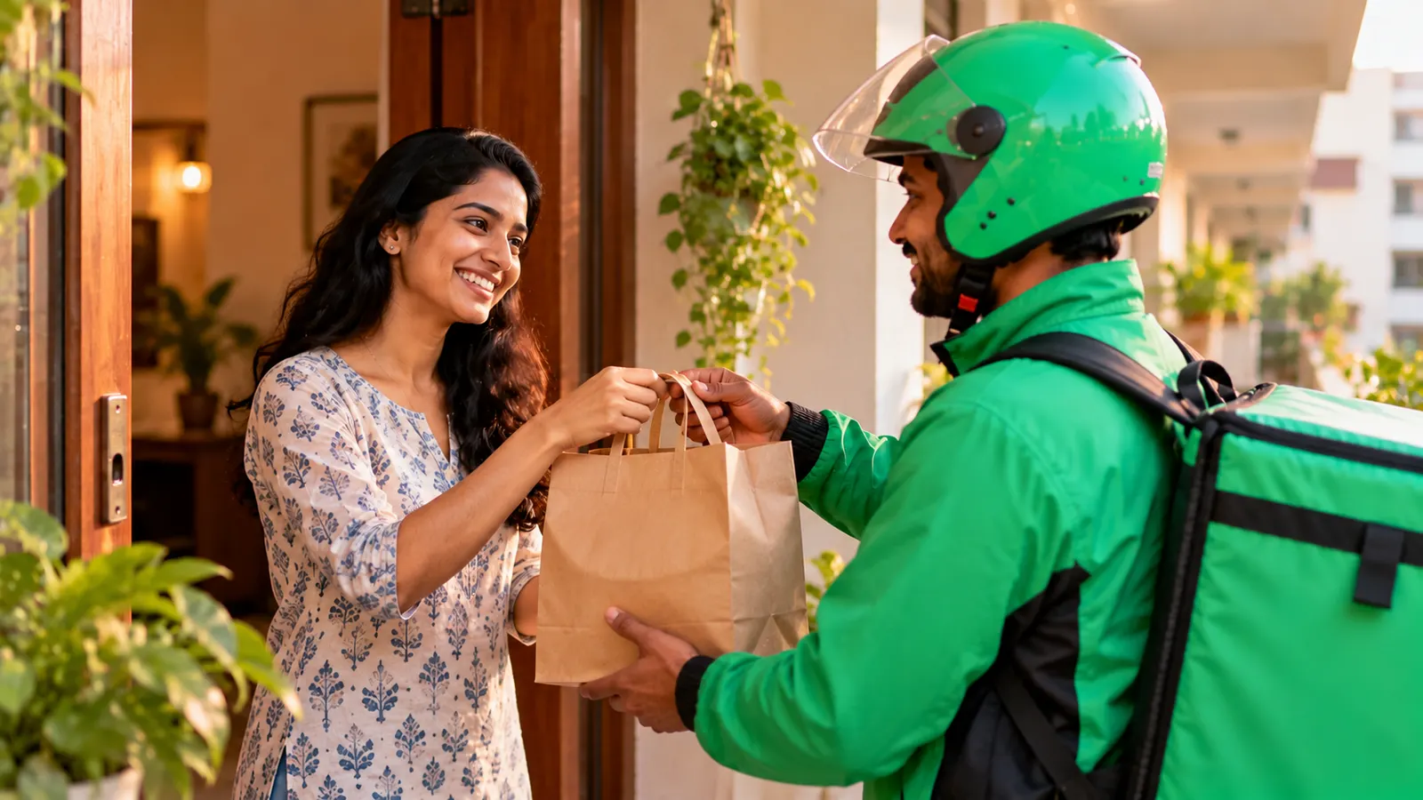 A regular customer happily receives her order from a familiar rider