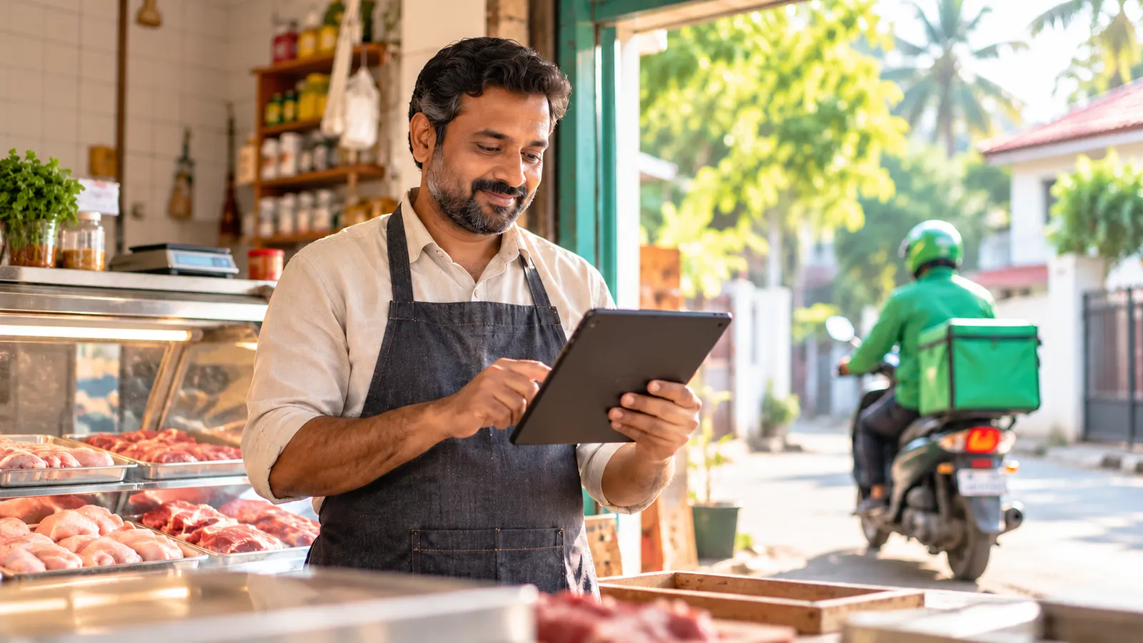 A shop owner checks the day's deliveries on a tablet while a rider leaves with an order