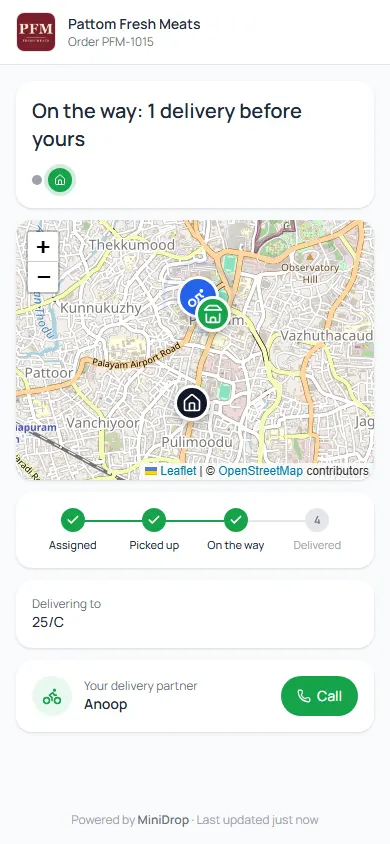 A customer tracking page on a phone: the shop logo and name at the top, 'On the way: 1 delivery before yours', a map with the rider, four progress steps, the delivery area, the rider's first name and a Call button