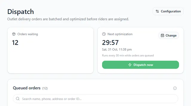Dispatch page with a Next optimization card showing a countdown, the next run time and the Dispatch now button