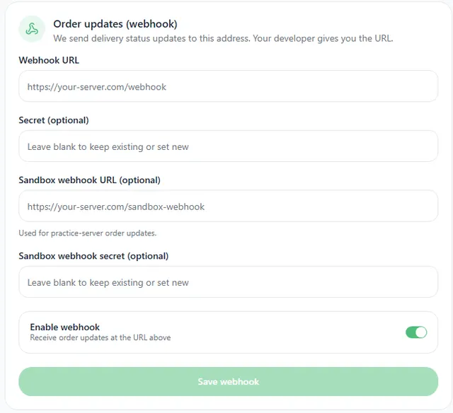 The Order updates (webhook) card on the Developers page with the fields Webhook URL, Secret, Sandbox webhook URL, Sandbox webhook secret and the Enable webhook switch