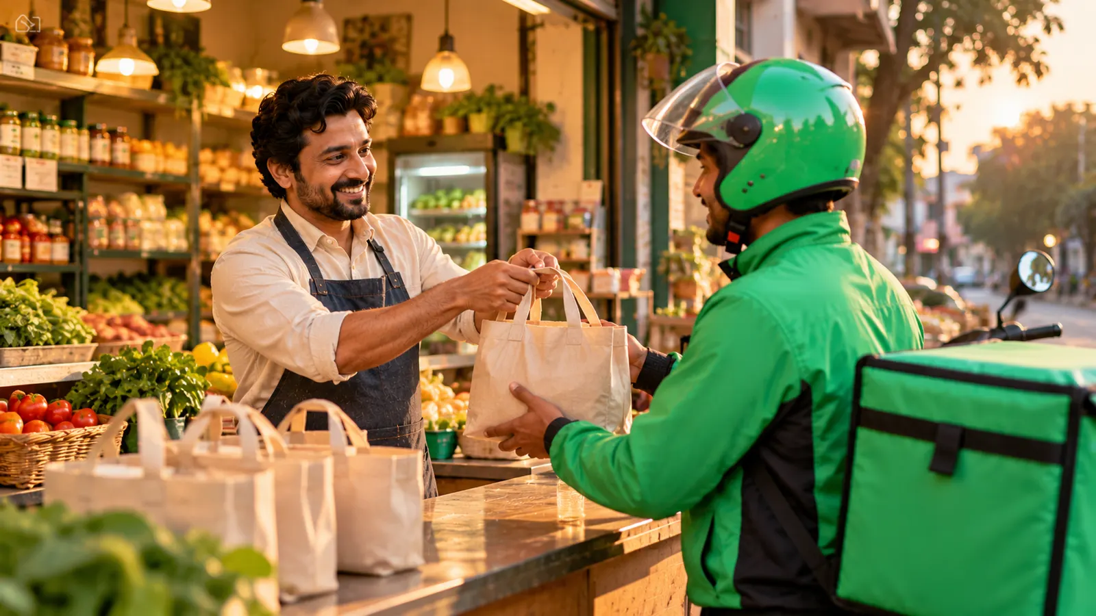 A busy shop owner hands packed orders to a delivery rider