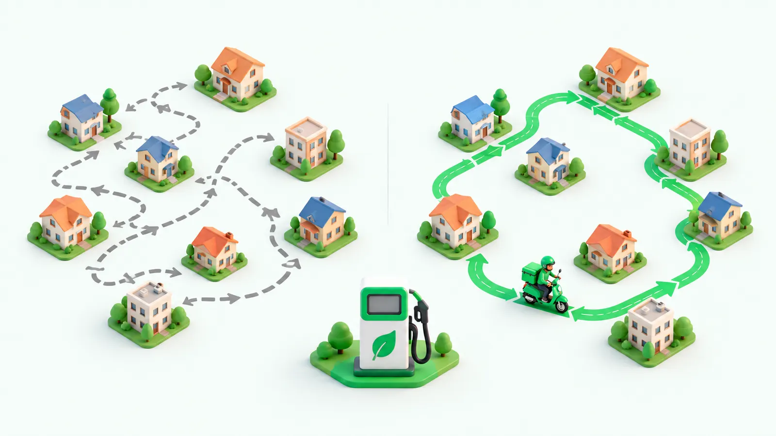 Illustration: a messy delivery route becomes one short, clean loop