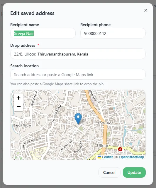 The Edit saved address box with name, phone, address and a map with a pin