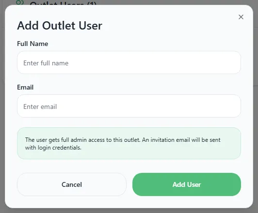The Add Outlet User box with Full Name and Email fields and a note about admin access