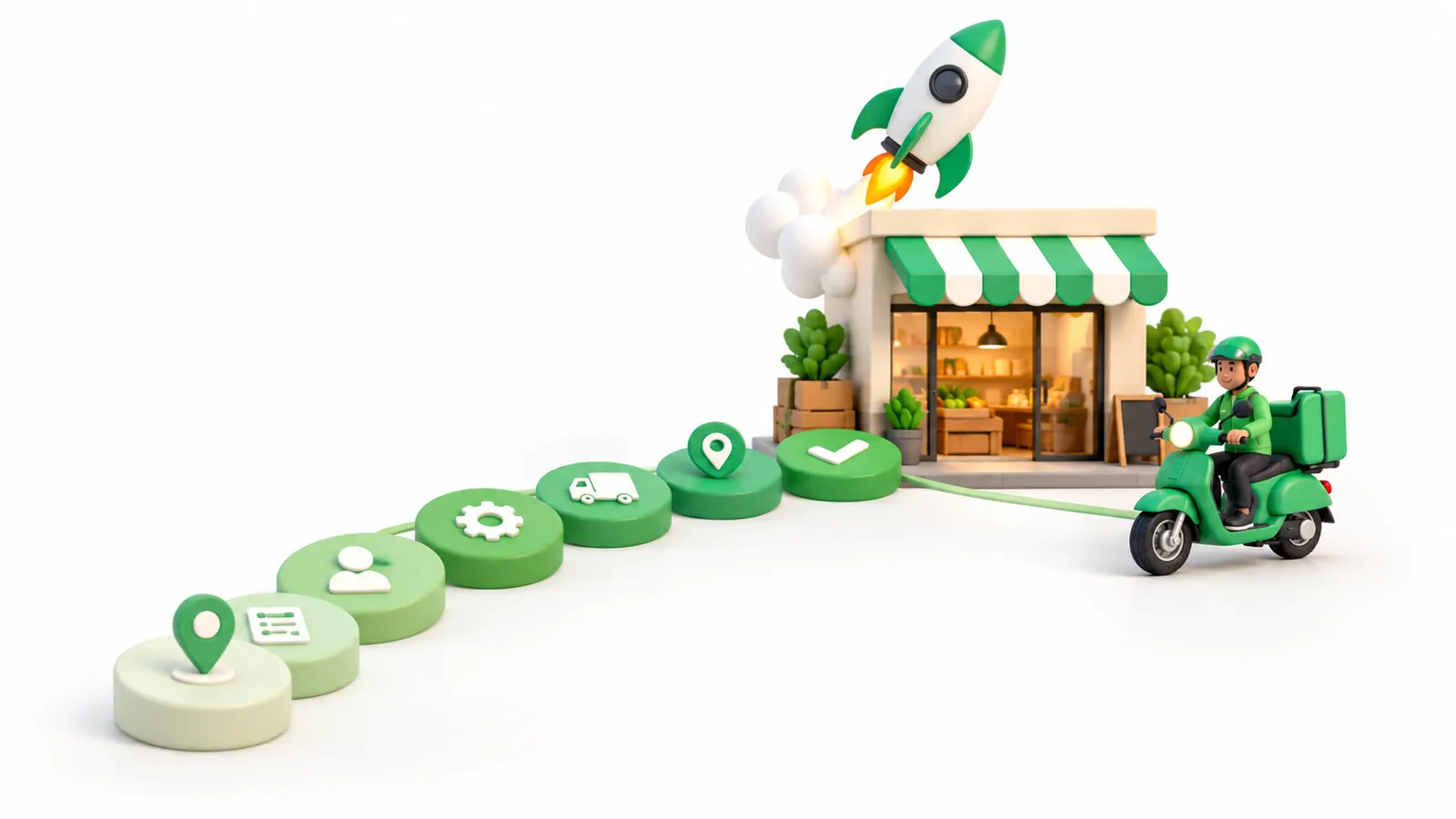 Illustration: seven stepping stones lead to a shop with a rider ready to deliver