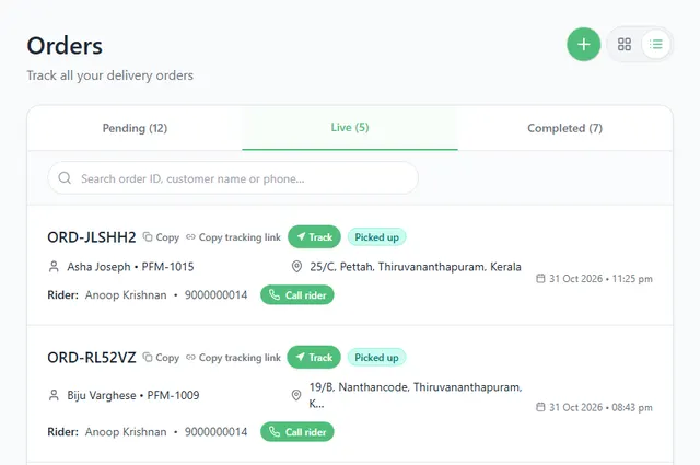 Orders page on the Live tab with picked up orders, each with a Track button, a rider name and a Call rider button