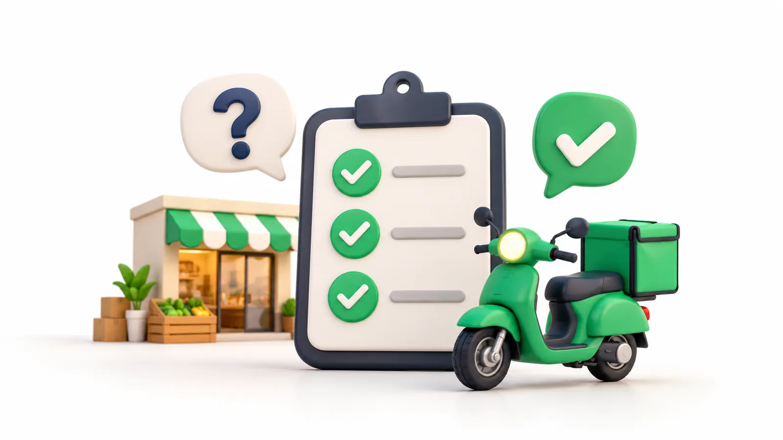 Illustration: a checklist with three green ticks next to a delivery scooter