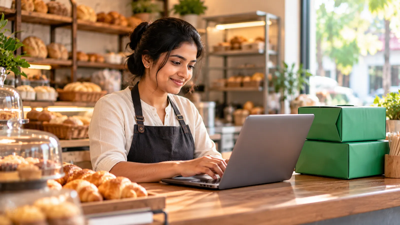 A bakery owner signs up for delivery software on a laptop at her counter