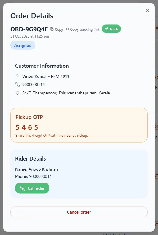 Order Details box for an assigned order with an orange Pickup OTP box and the rider details