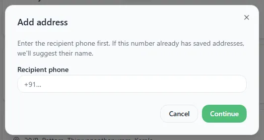 The Add address box asking for the recipient phone number first