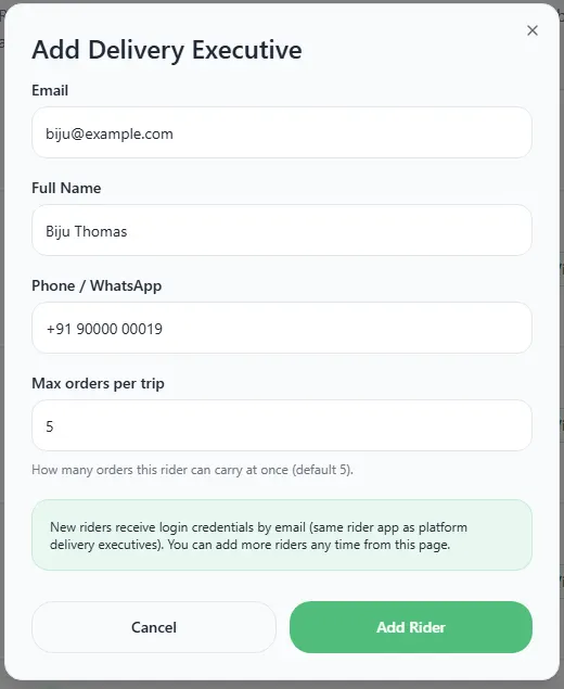 The Add Delivery Executive box with Email, Full Name, Phone / WhatsApp and Max orders per trip filled in