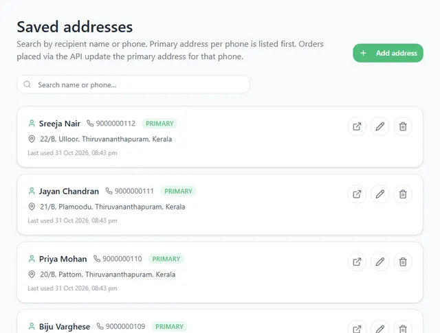 Saved addresses page with a search box and a list of customers with their phone numbers and addresses