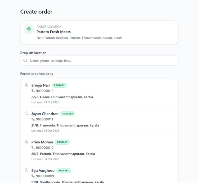 Create order page with the pickup location, a Drop-off location search box and a list of recent drop locations