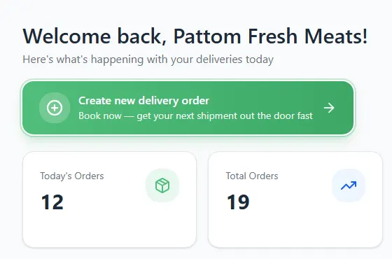 Outlet dashboard with the welcome message, the Create new delivery order button and the Today's Orders and Total Orders cards