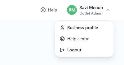 The menu under your name at the top right, with Business profile, Help centre and Logout