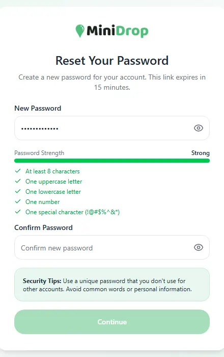 Reset Your Password page with a strength bar, a checklist of password rules and a confirm box