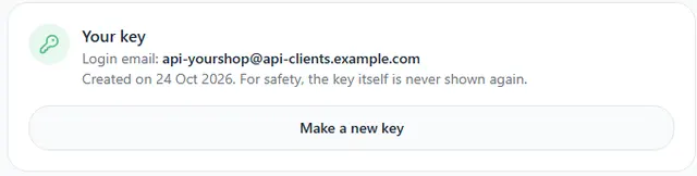 The Your key card on the Developers page with the login email and the button Make a new key