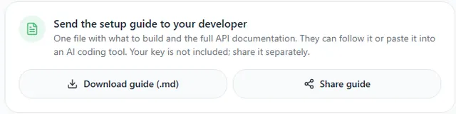 The Send the setup guide to your developer card with the buttons Download guide and Share guide