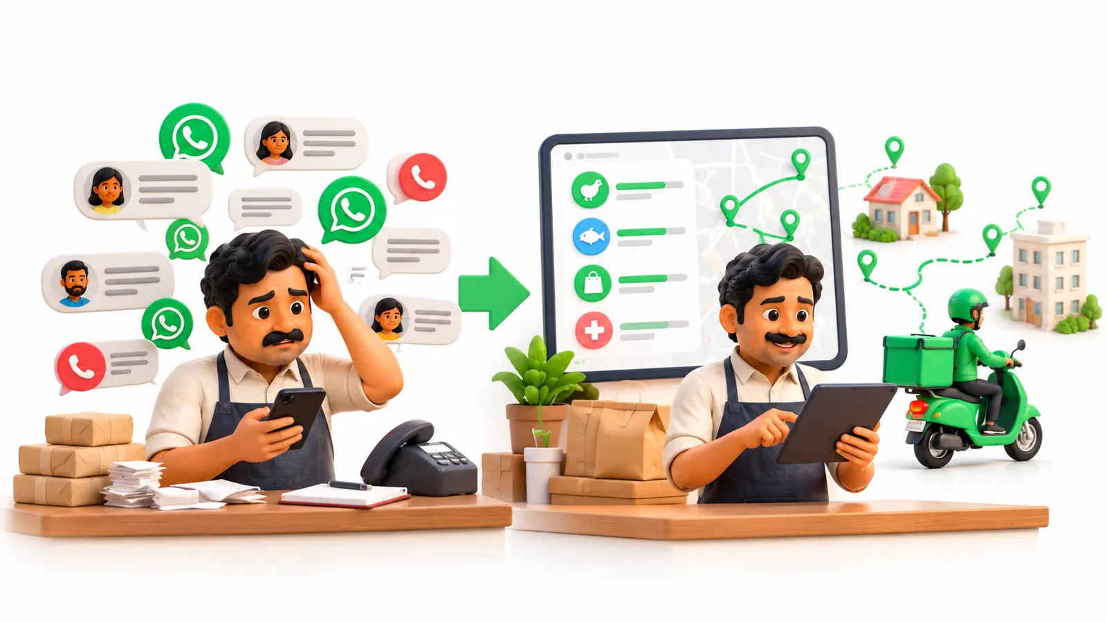 Illustration: a tangle of chats and calls turns into one tidy delivery screen