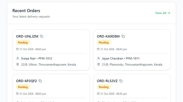 The Recent Orders section with cards showing order number, Pending status, time, customer and address