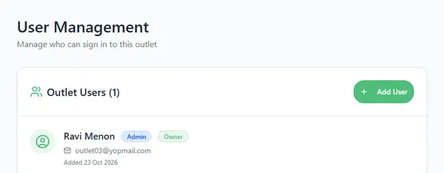 User Management page listing the outlet users, with the Add User button at the top right