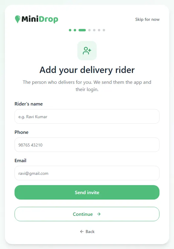 Add your delivery rider form with fields for name, phone and email and a Send invite button