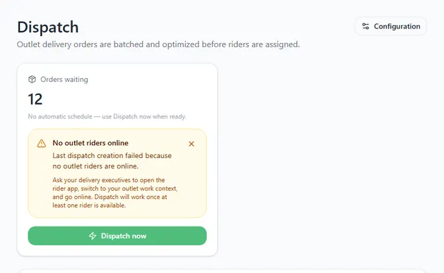 Dispatch page with a yellow message saying No outlet riders online