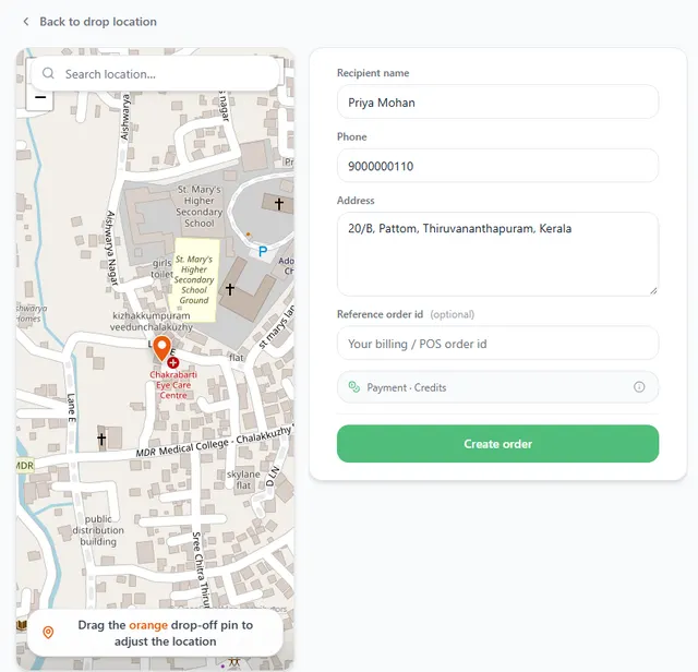 Order details with a map and an orange pin on the left, and the recipient name, phone, address and reference fields on the right