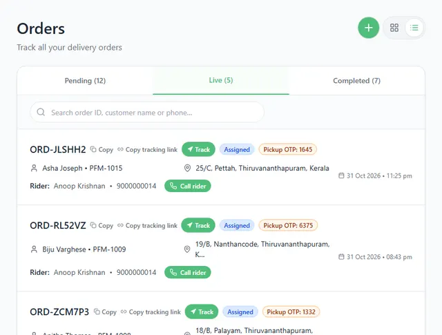 Orders page on the Live tab with assigned orders, each showing an orange Pickup OTP tag with four digits